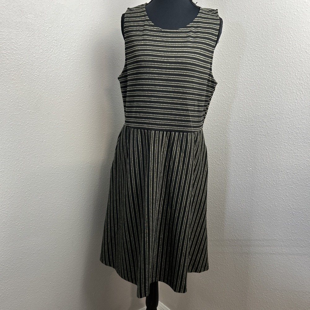 Draper James RSVP Dress Women's Large Black Metallic Gold Striped Stretch Party